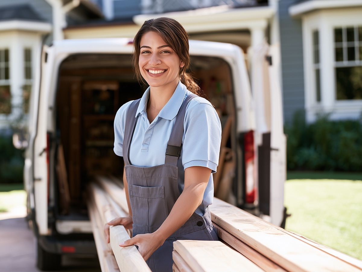 Representative photo of an independent owner-operator unloading lumber from a work van