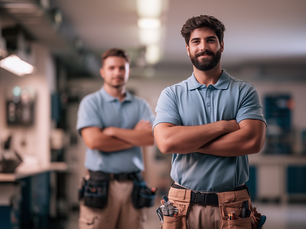 Two contractor technicians in matching light blue polo shirts standing together