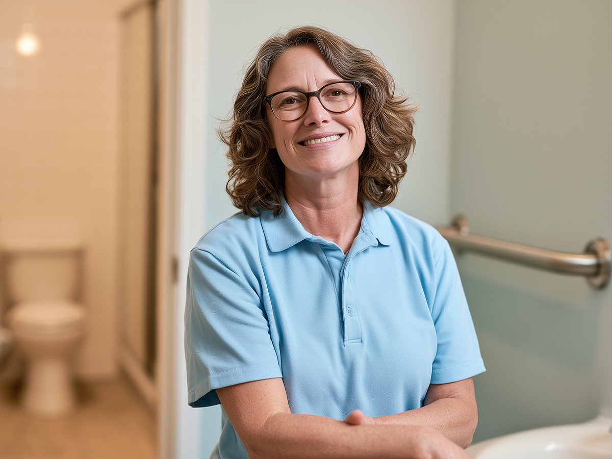 Smiling technician in an accessible residential bathroom with a stainless grab bar on the wall